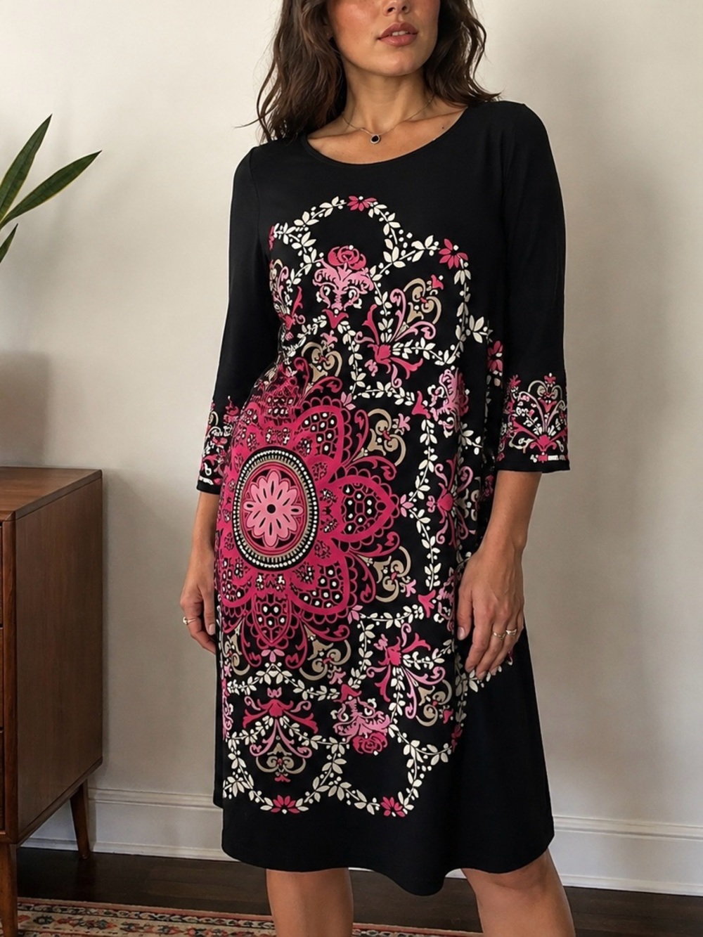 Vintage Y2K Dress Barn Black Pink Floral Medallion 3/4 Sleeve Shift Dress Retro